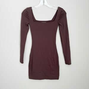 Babaton Size XXS Brown Square Neck Body Con Contour Long Sleeve Mini Dress